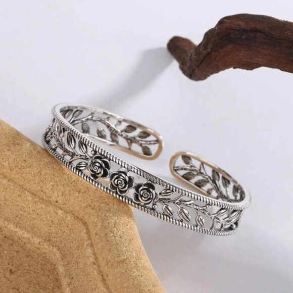 925 Sterling SIlver Rose Bangle Bracelet Rose Flower Engraved Bracelet - Picture 3 of 8